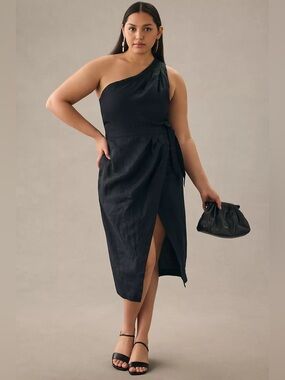 By Anthropologie One Shoulder Linen Wrap Dress Black Size 12 Midi